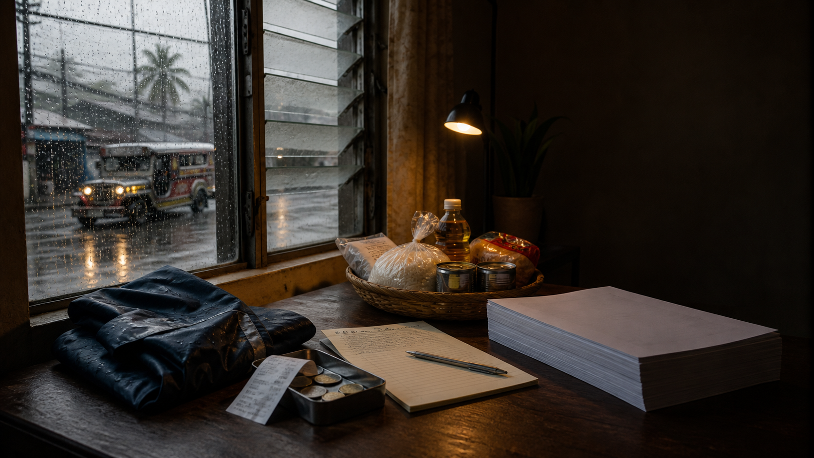 MCT Daily Brief cover showing a rainy Filipino household table with food, fuel expenses and budget papers
