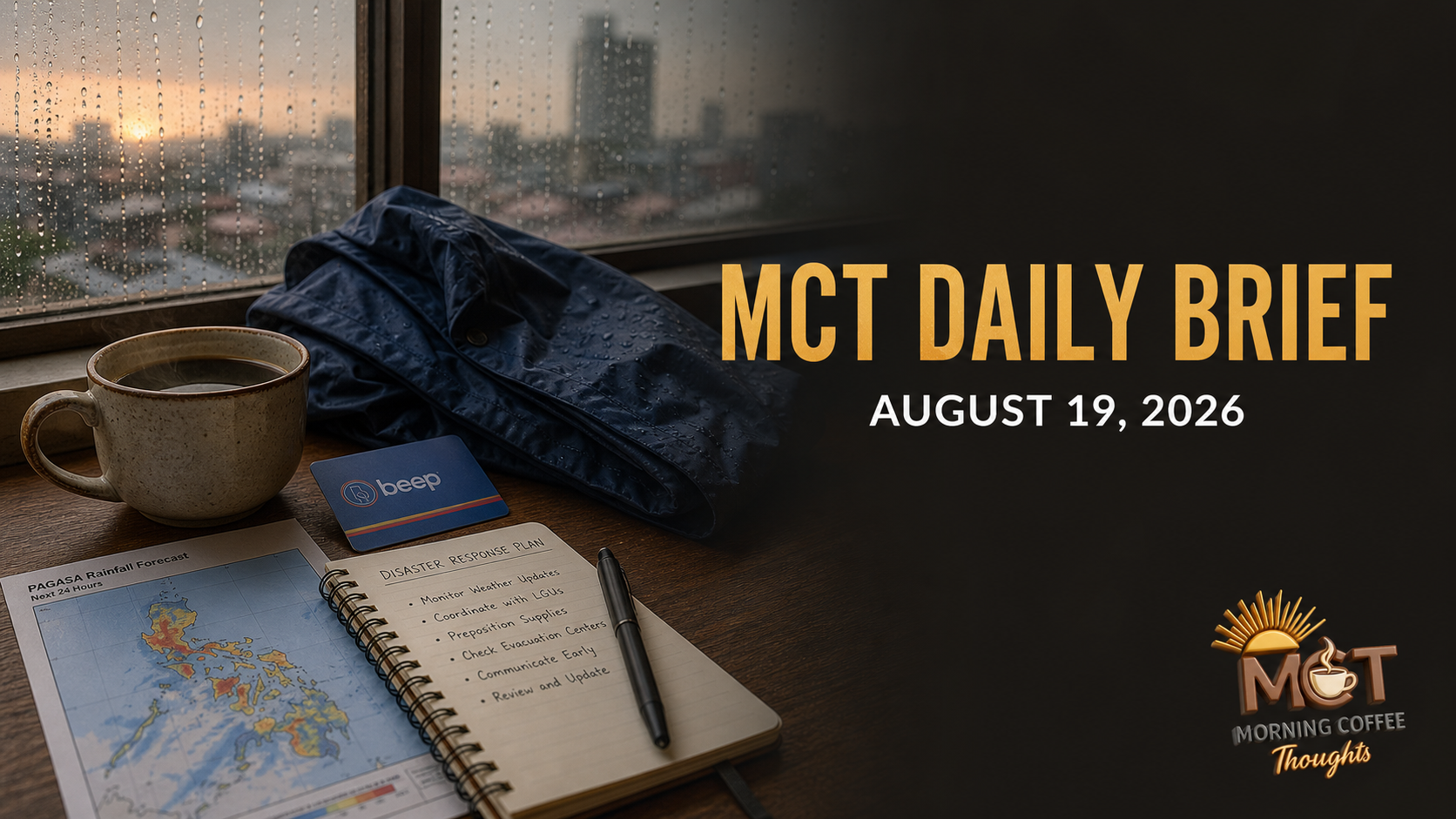 MCT Daily Brief cover showing a rainy Filipino breakfast table with weather, transport and disaster-response notes
