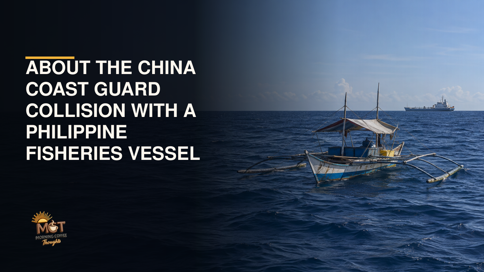 A Filipino fishing boat at sea with a larger vessel in the distance.