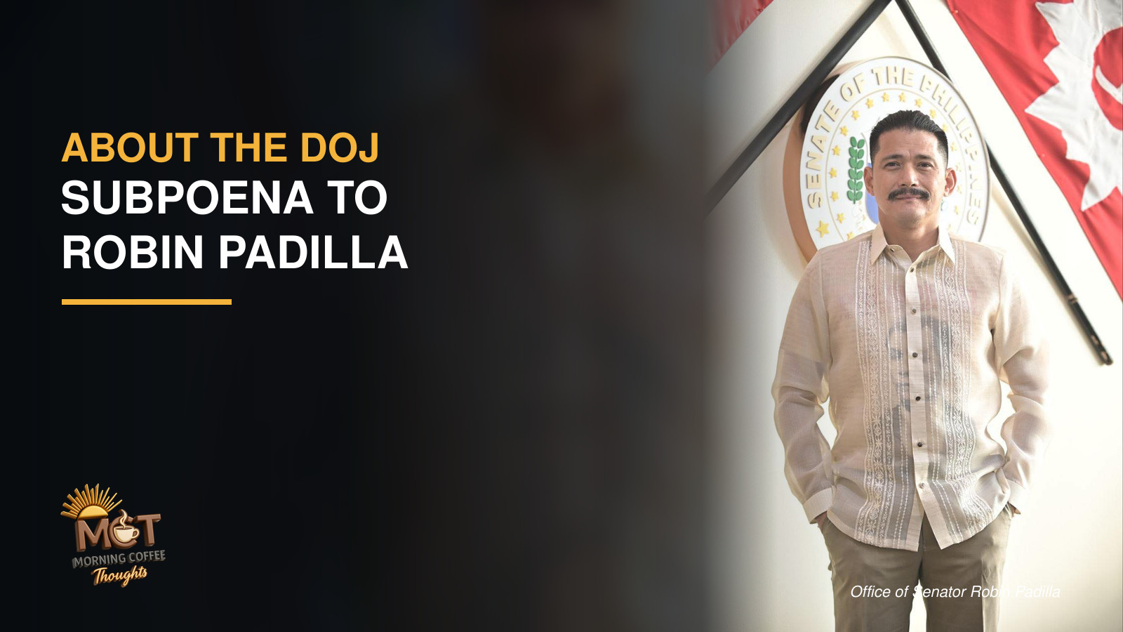 Senator Robin Padilla in a barong Tagalog before the Senate seal.