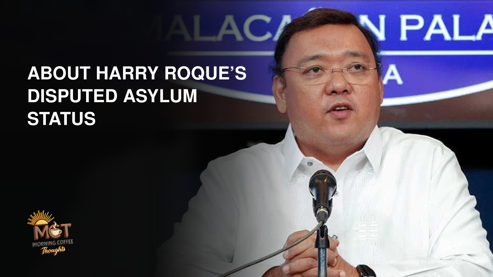 Harry Roque speaking at an official Malacañang press briefing.