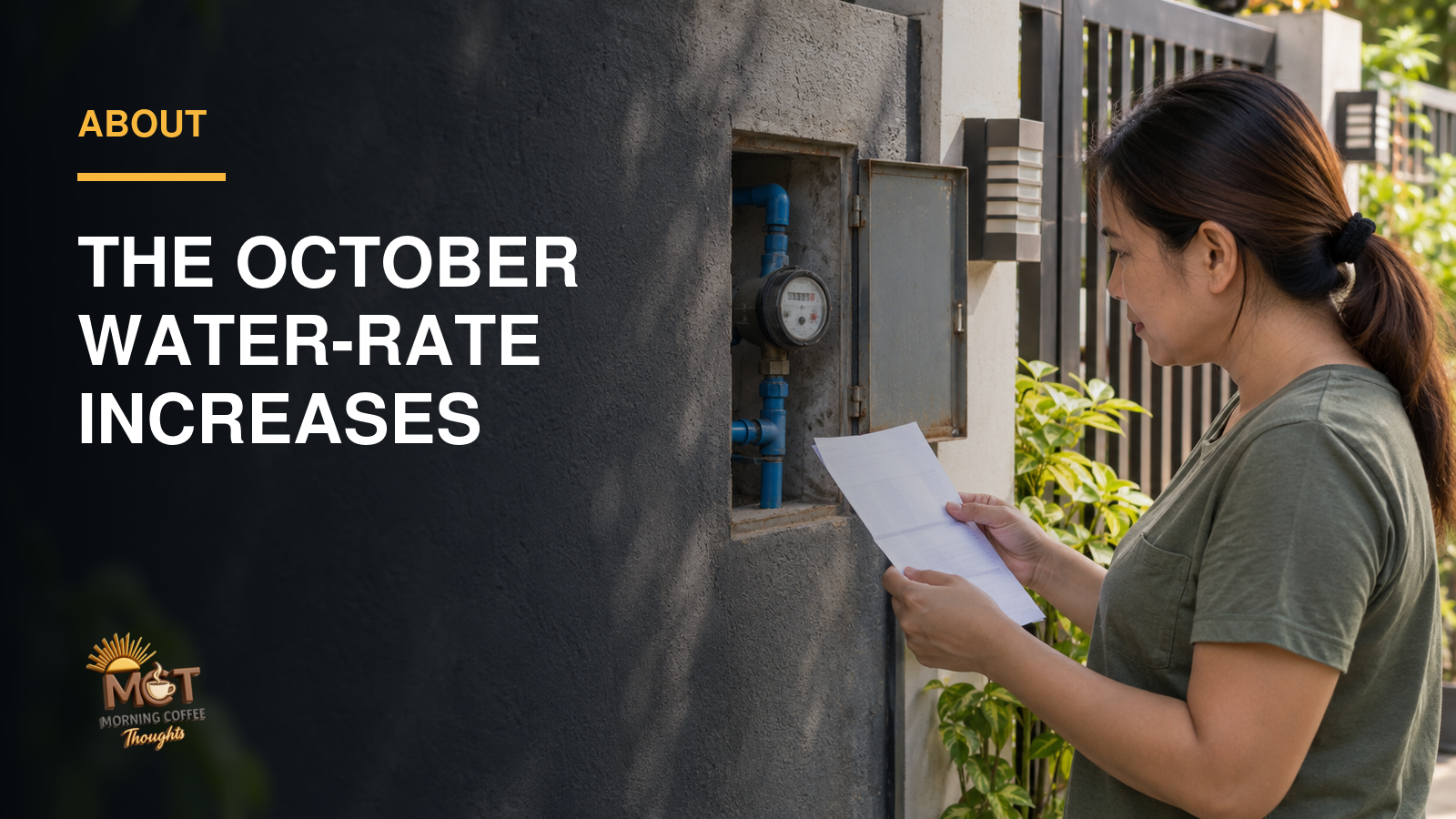 A Filipino homeowner compares a water bill beside a household water meter.