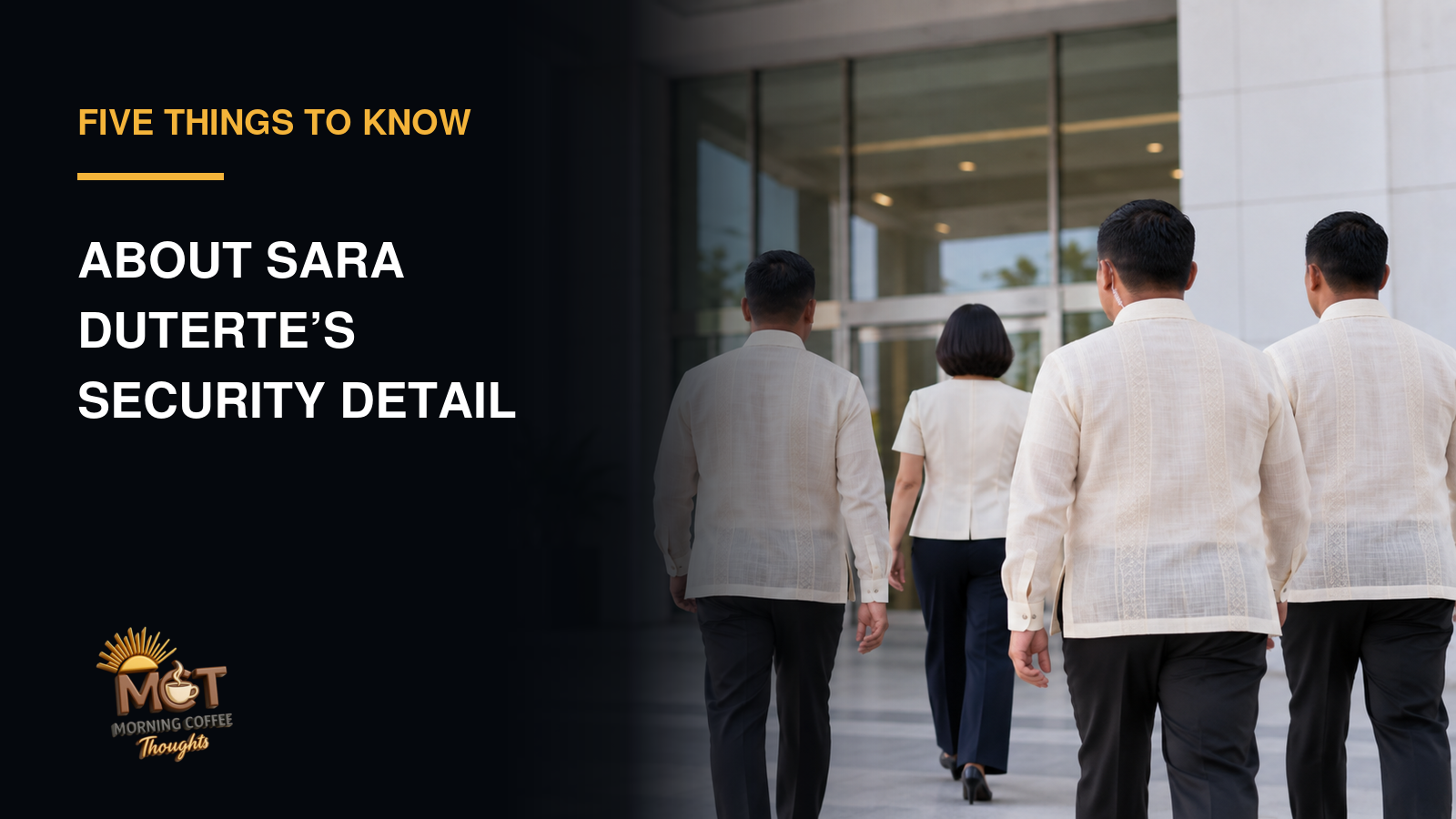Rear view of a woman walking with three men in plain barong shirts.