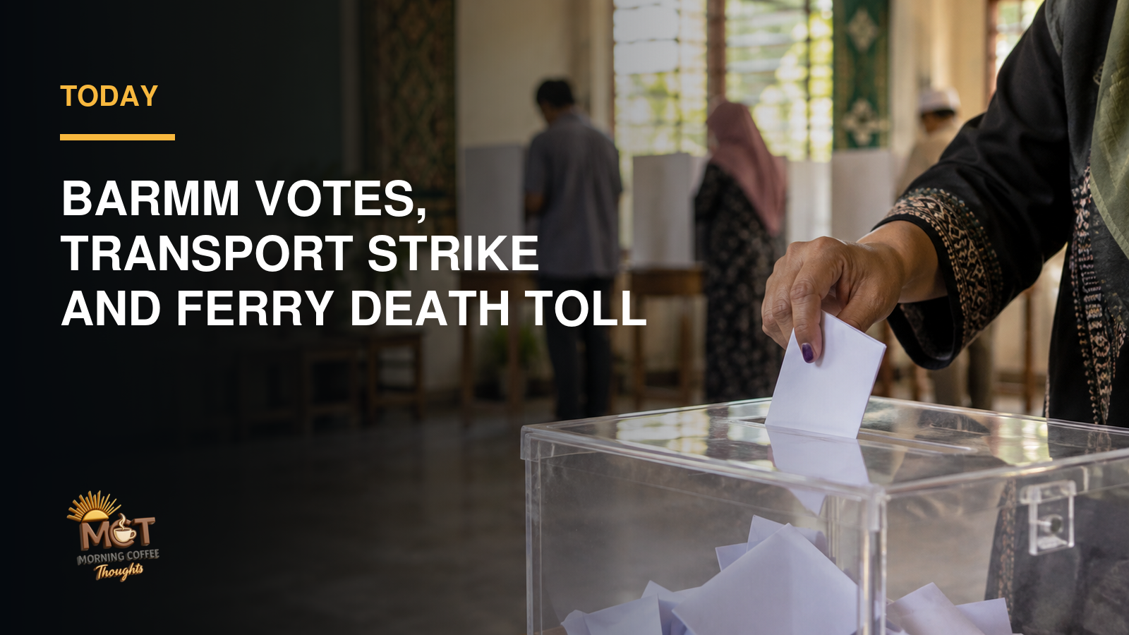 A Bangsamoro voter places a ballot into a ballot box at a polling place.