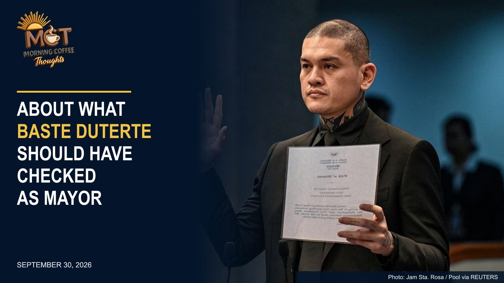 Sebastian Baste Duterte takes his oath at the September 29 Senate impeachment hearing. Photo: Jam Sta. Rosa / Pool via Reuters.