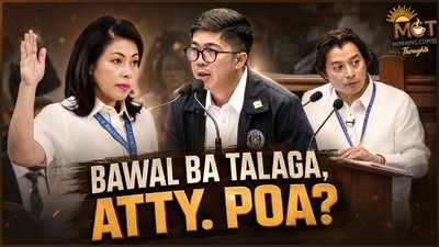 Three people speaking during a formal public hearing, with the title Bawal Ba Talaga, Atty. Poa?