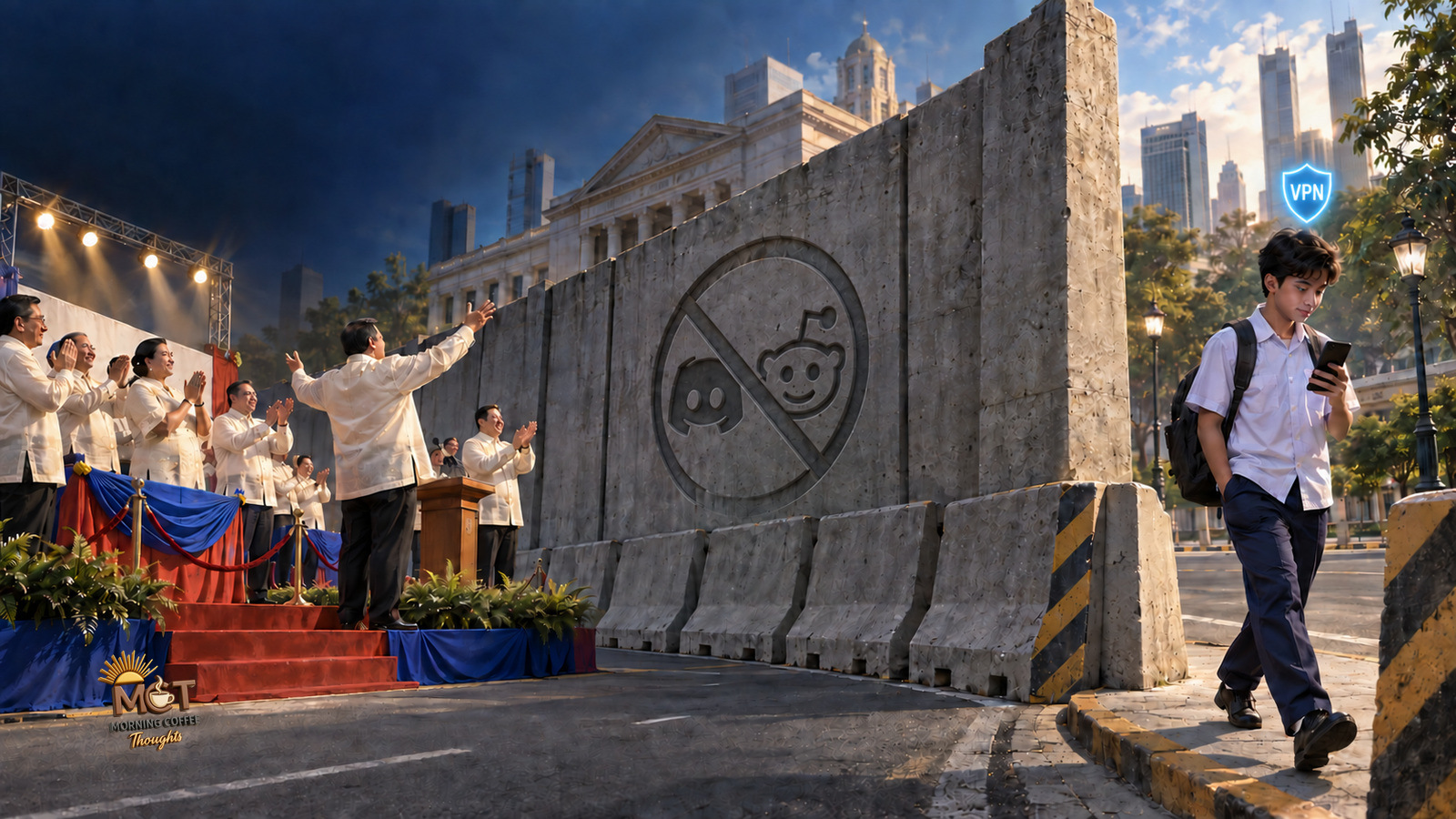Symbolic MCT illustration showing a government platform block, Discord and Reddit symbols, and a student bypassing the restriction with a VPN.