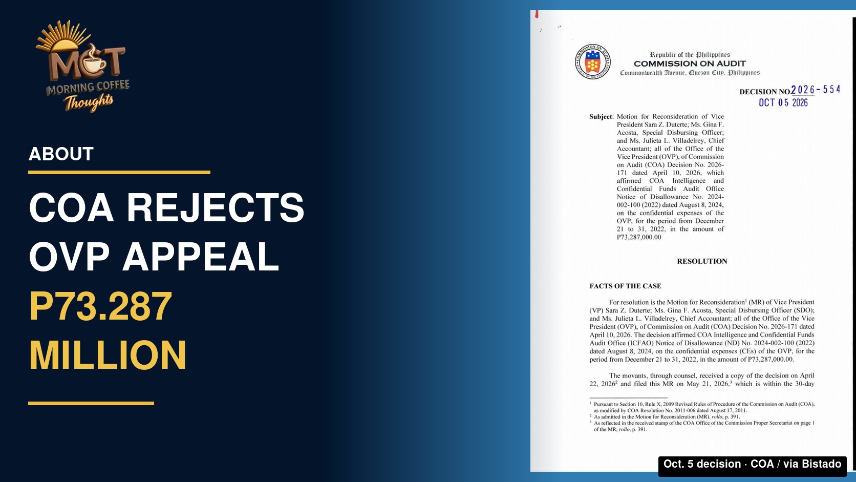 First page of COA Decision No. 2026-554 dated October 5, 2026. Credit: Commission on Audit, via Bistado.