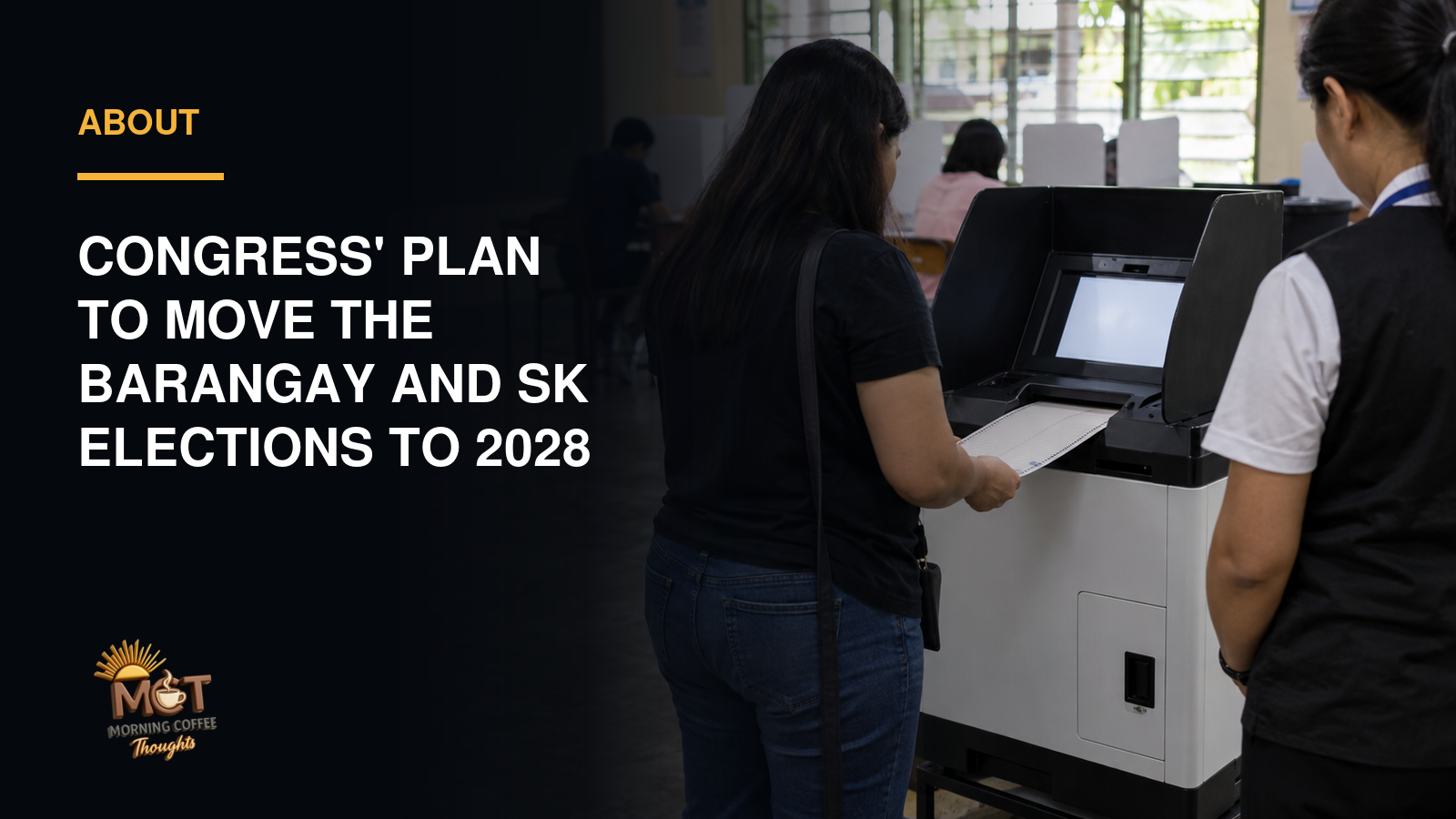 A Filipino voter feeds a paper ballot into an automated counting machine at a polling place.