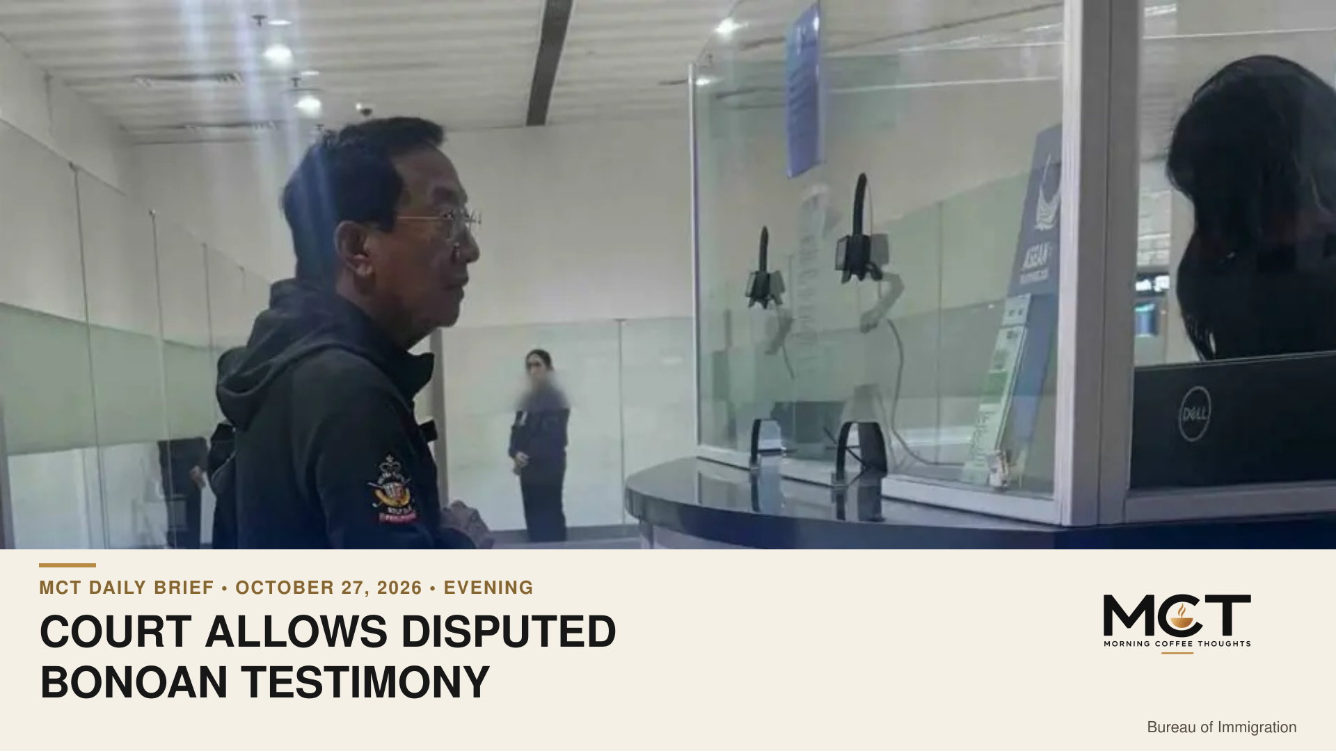 Manuel Bonoan at an immigration counter at Ninoy Aquino International Airport on January 18, 2026. This is not a photograph of the October 27 court hearing.