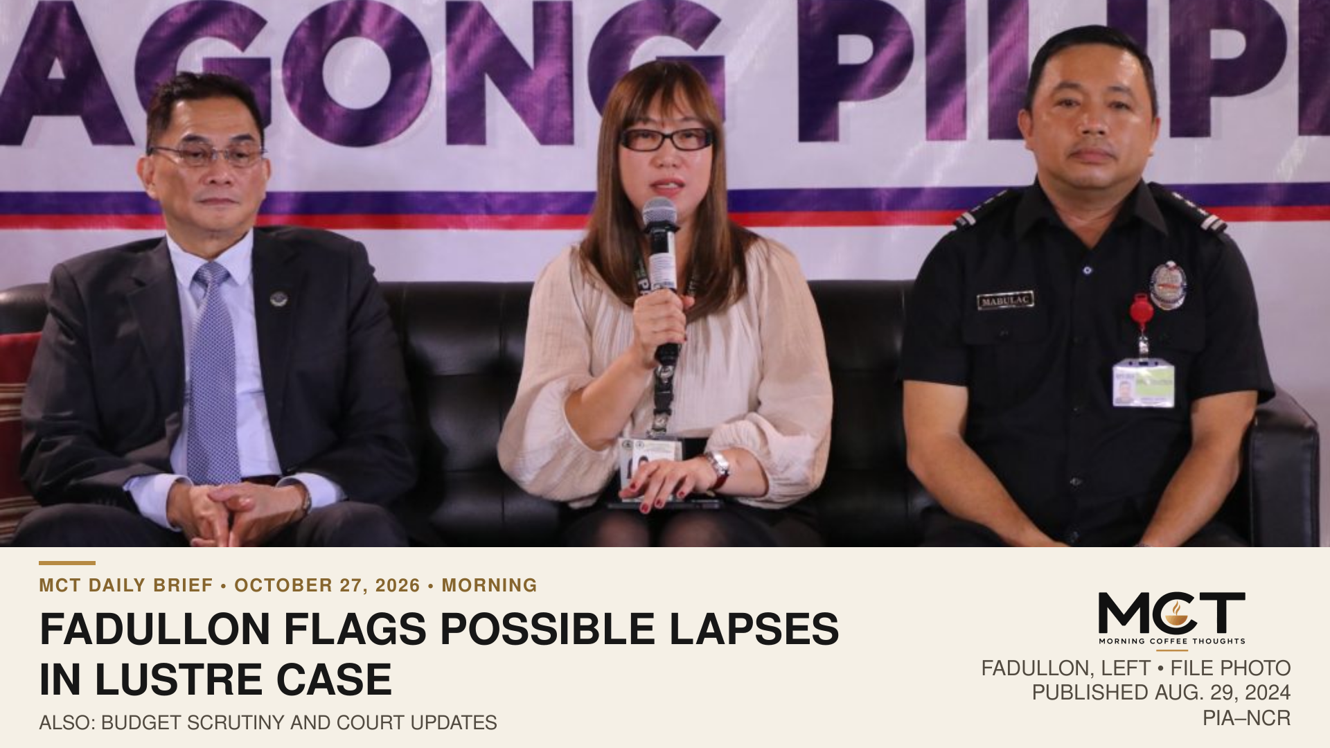 Richard Anthony Fadullon, left, at an unrelated 2024 Kapihan sa Bagong Pilipinas panel alongside PAO and immigration officials. PIA published this file photograph on August 29, 2024; capture date is not separately established. It does not depict the Lustre case or October 26 interview.