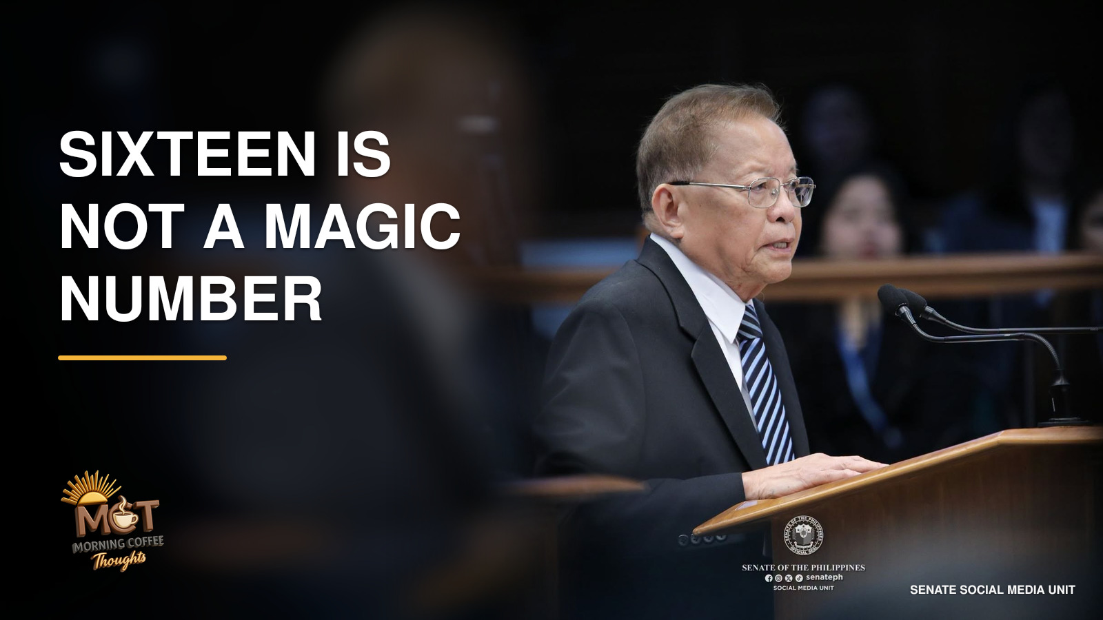 Retired Chief Justice Reynato Puno addressing the Senate impeachment court on Day 26 beside the headline SIXTEEN IS NOT A MAGIC NUMBER.