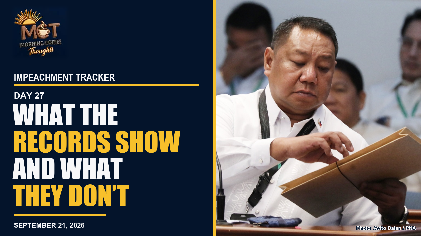 Impeachment Tracker Day 27 cover showing SEC official Gerardo Fernando del Rosario at the September 21 hearing. Photograph: Avito Dalan/PNA.