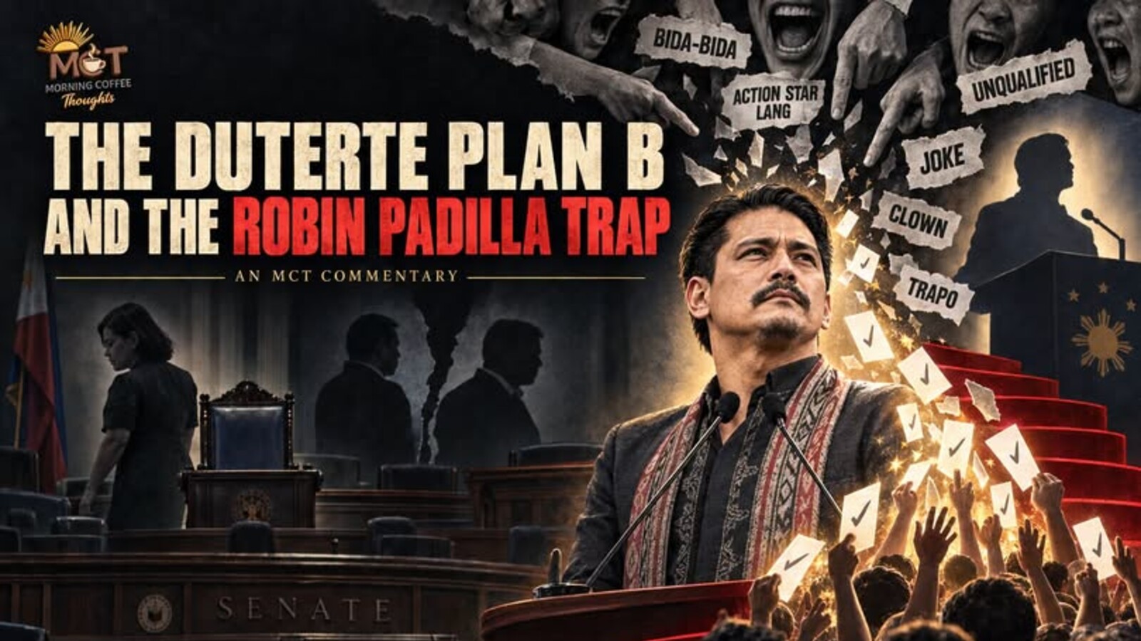Robin Padilla at a podium against a Senate chamber and political crowd beside the article title.