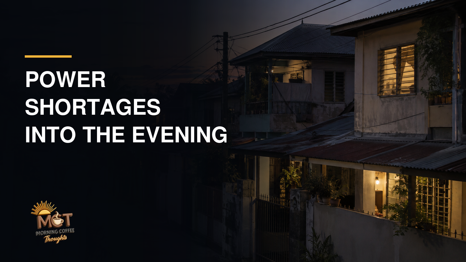 Filipino neighborhood at dusk, with several dark homes and a few lit windows.