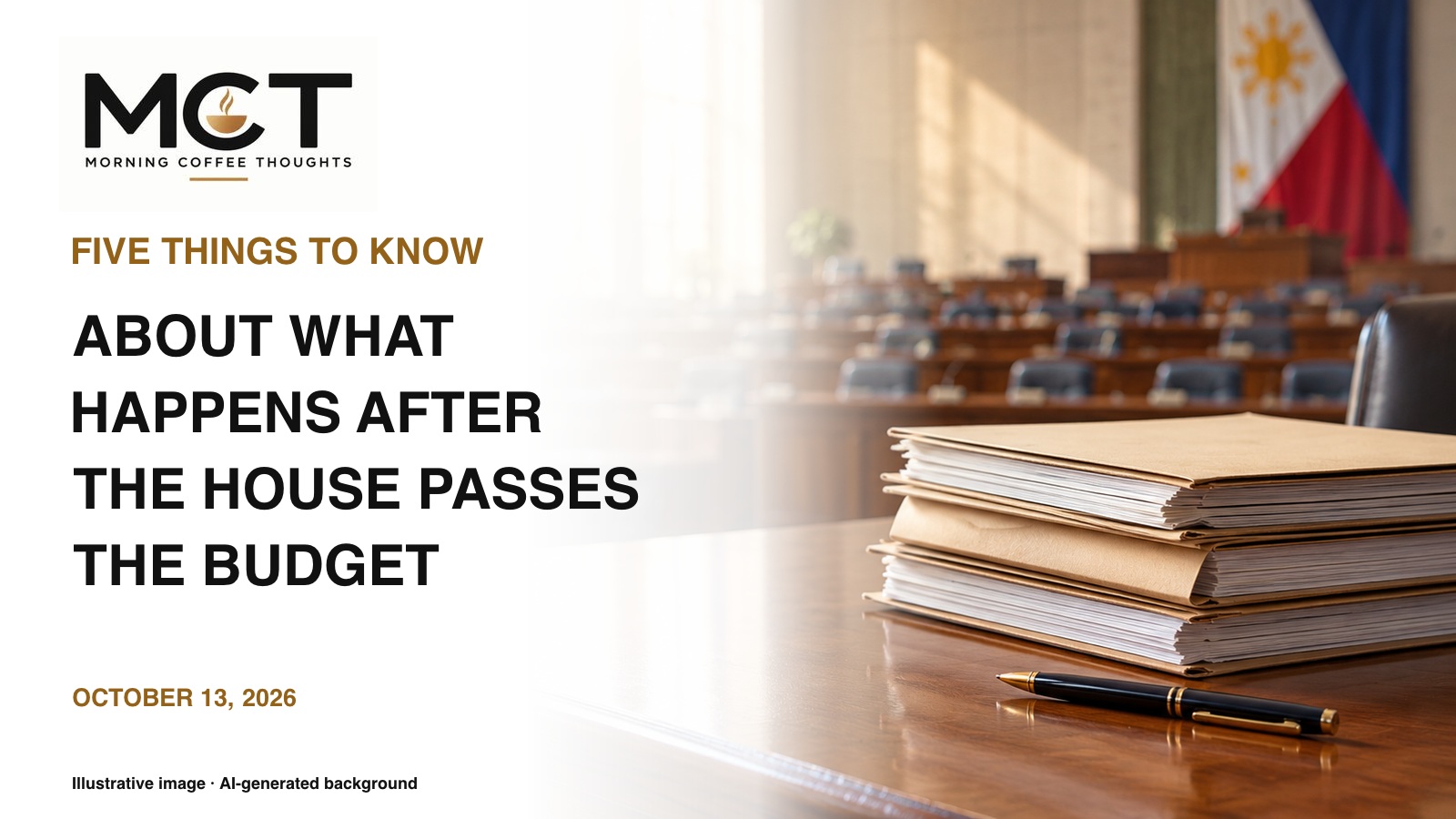 MCT Five Things cover illustrating the budget process with an empty legislative hall and paperwork. AI-generated illustrative background; exact supplied MCT logo.