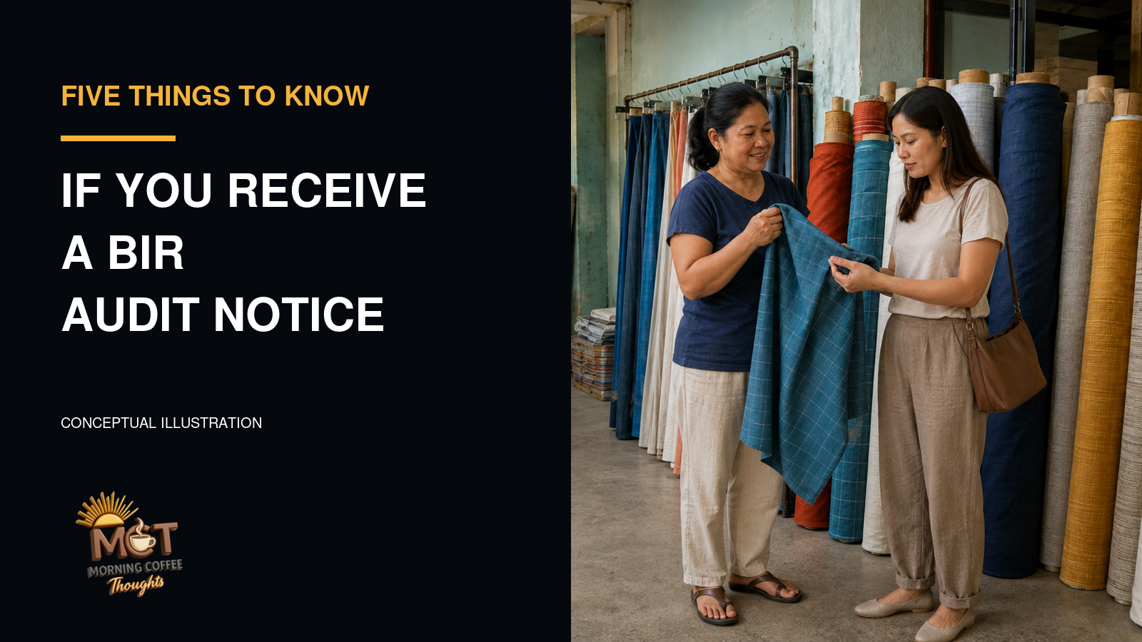 Conceptual illustration of a shopkeeper and customer handling fabric in a Philippine textile shop. Fictional people; not an actual BIR inspection.