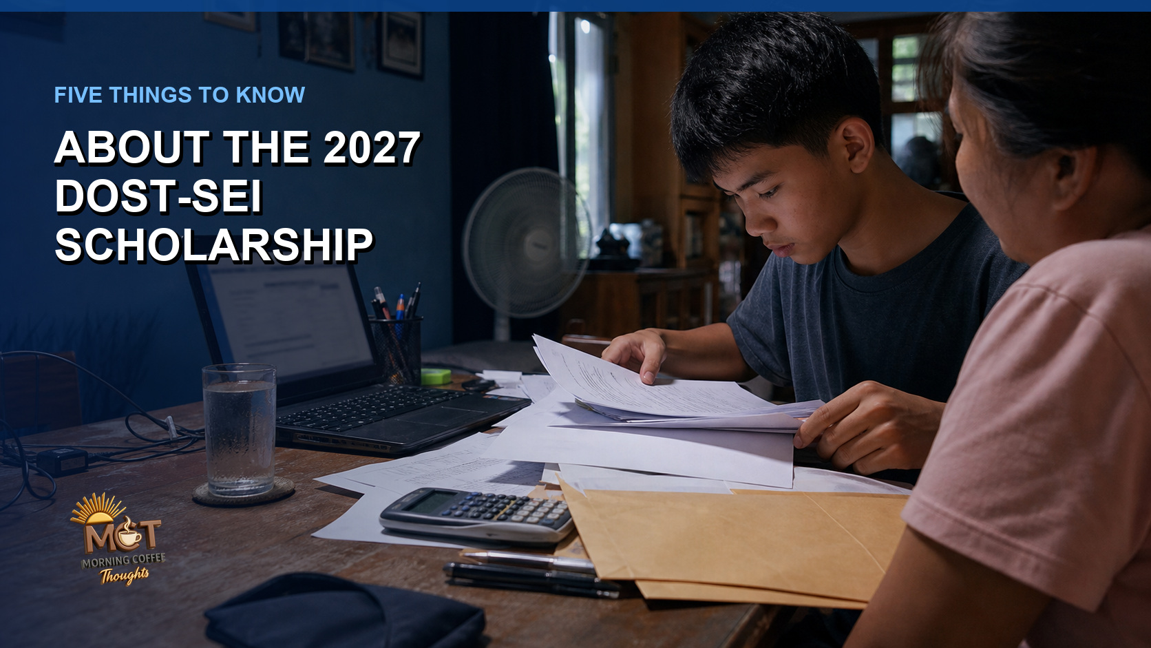 A Filipino student and parent review scholarship requirements at a lived-in dining table with documents, a laptop, and ordinary household clutter.
