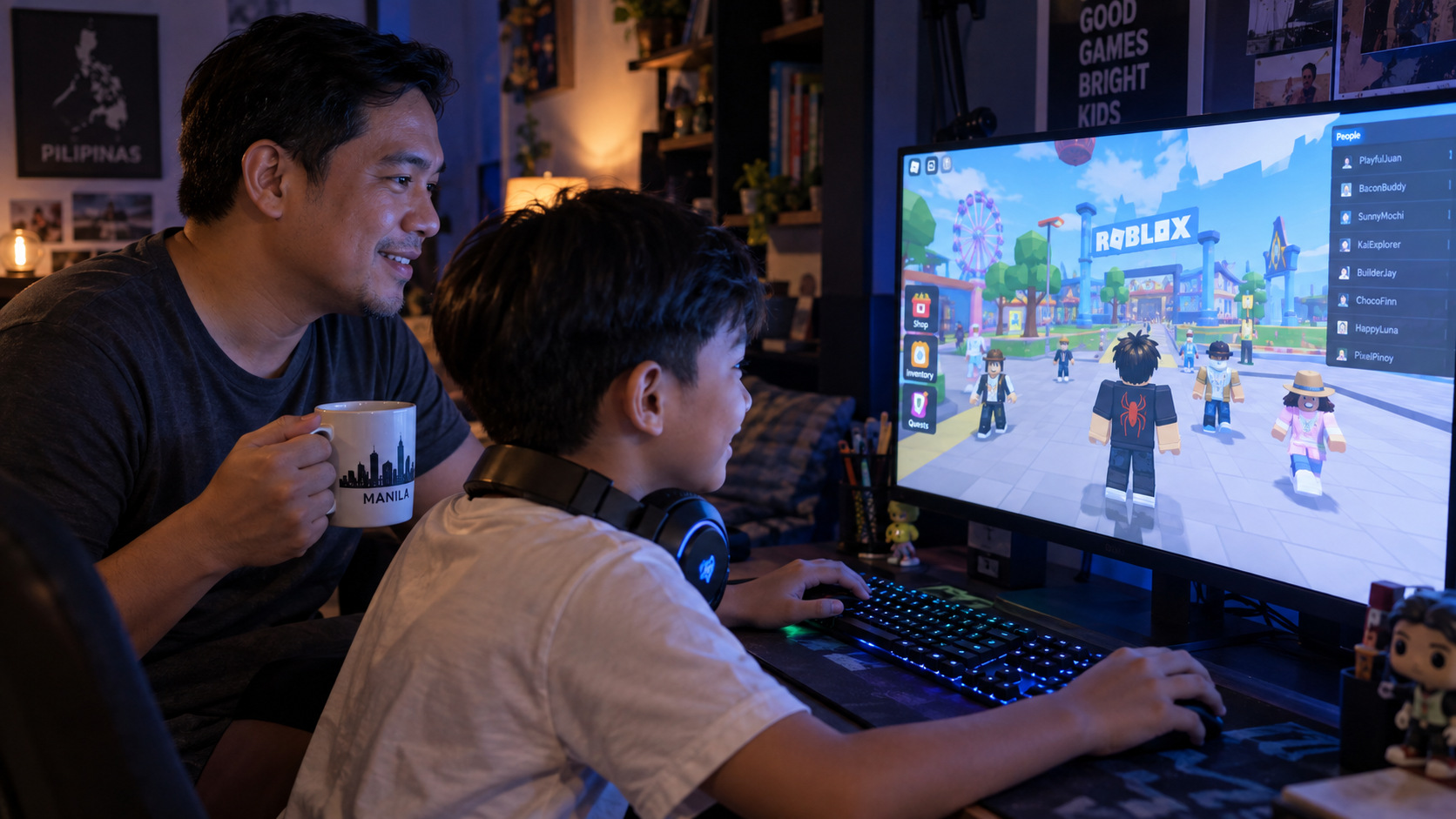 AI-generated illustration of a child playing a Roblox-style game while a parent sits beside him with a cup of coffee.