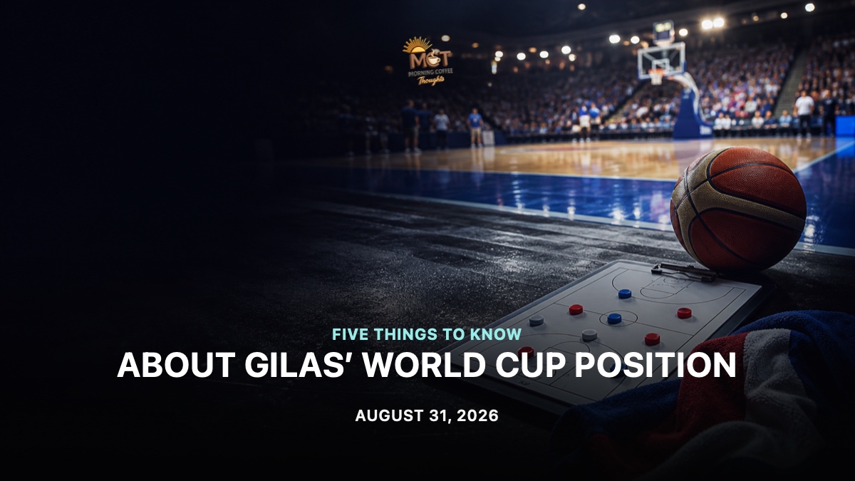 A conceptual editorial basketball arena with a ball, a coach’s tactical board and blue, red and white accents representing the Philippines’ qualifying campaign. Not a documentary image.