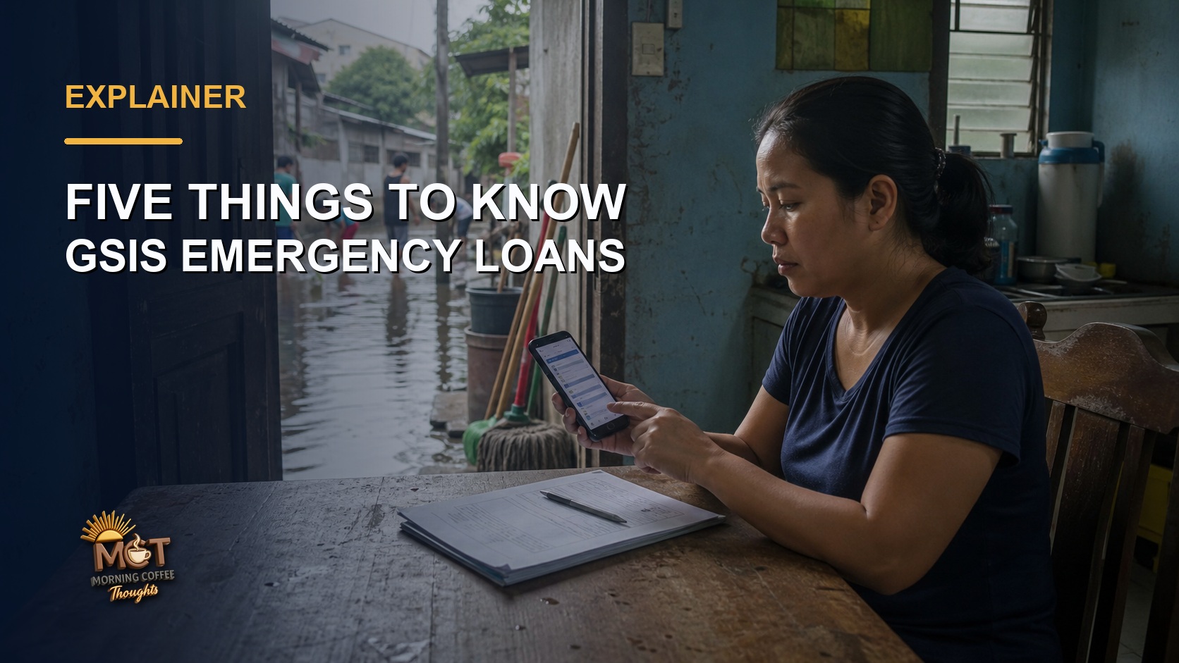 A government worker checks a loan application on her phone inside a modest flood-affected home while neighbors clean the wet street outside.