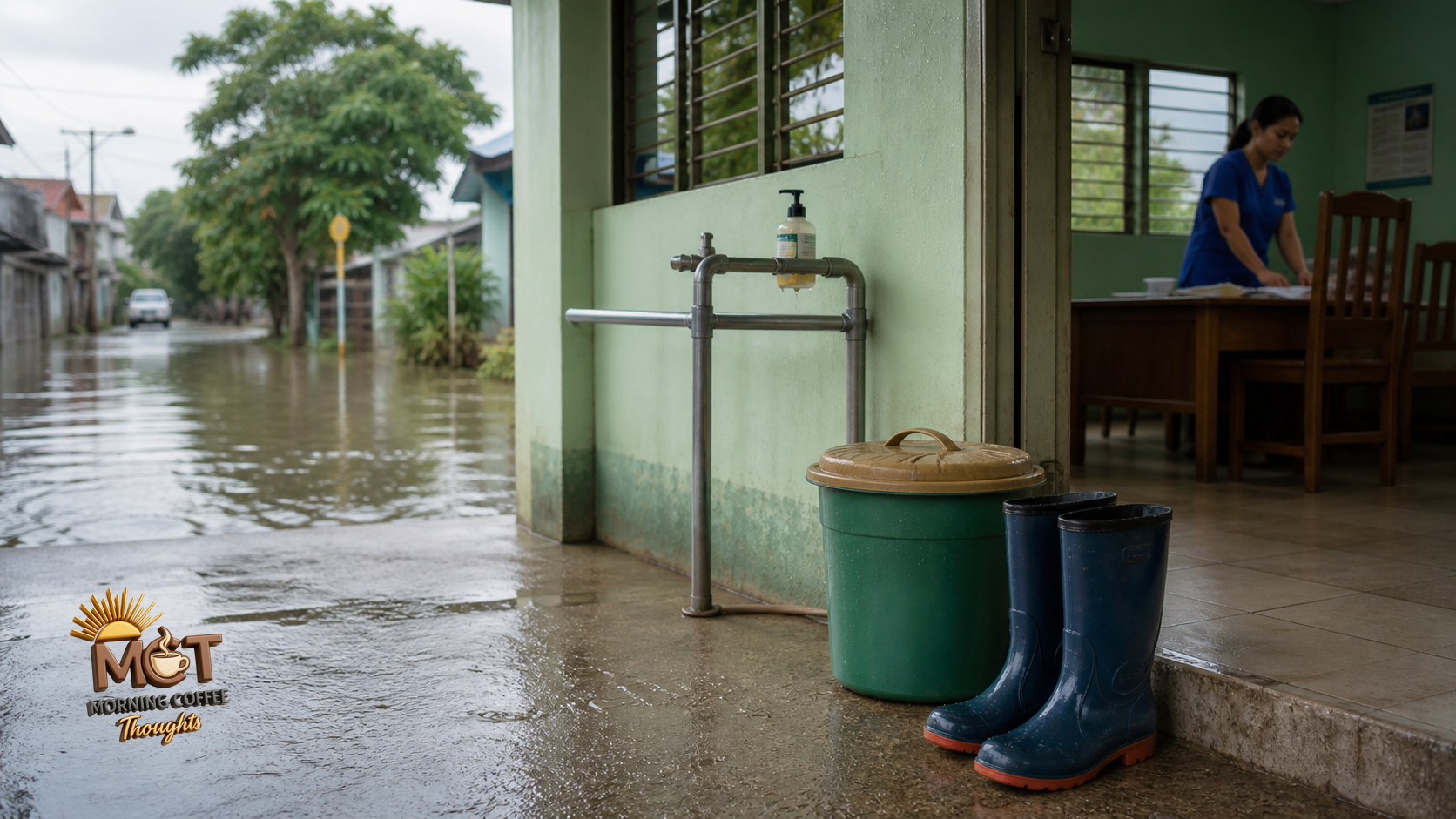 Rubber boots beside a neighborhood clinic entrance as floodwater recedes from a Philippine street.