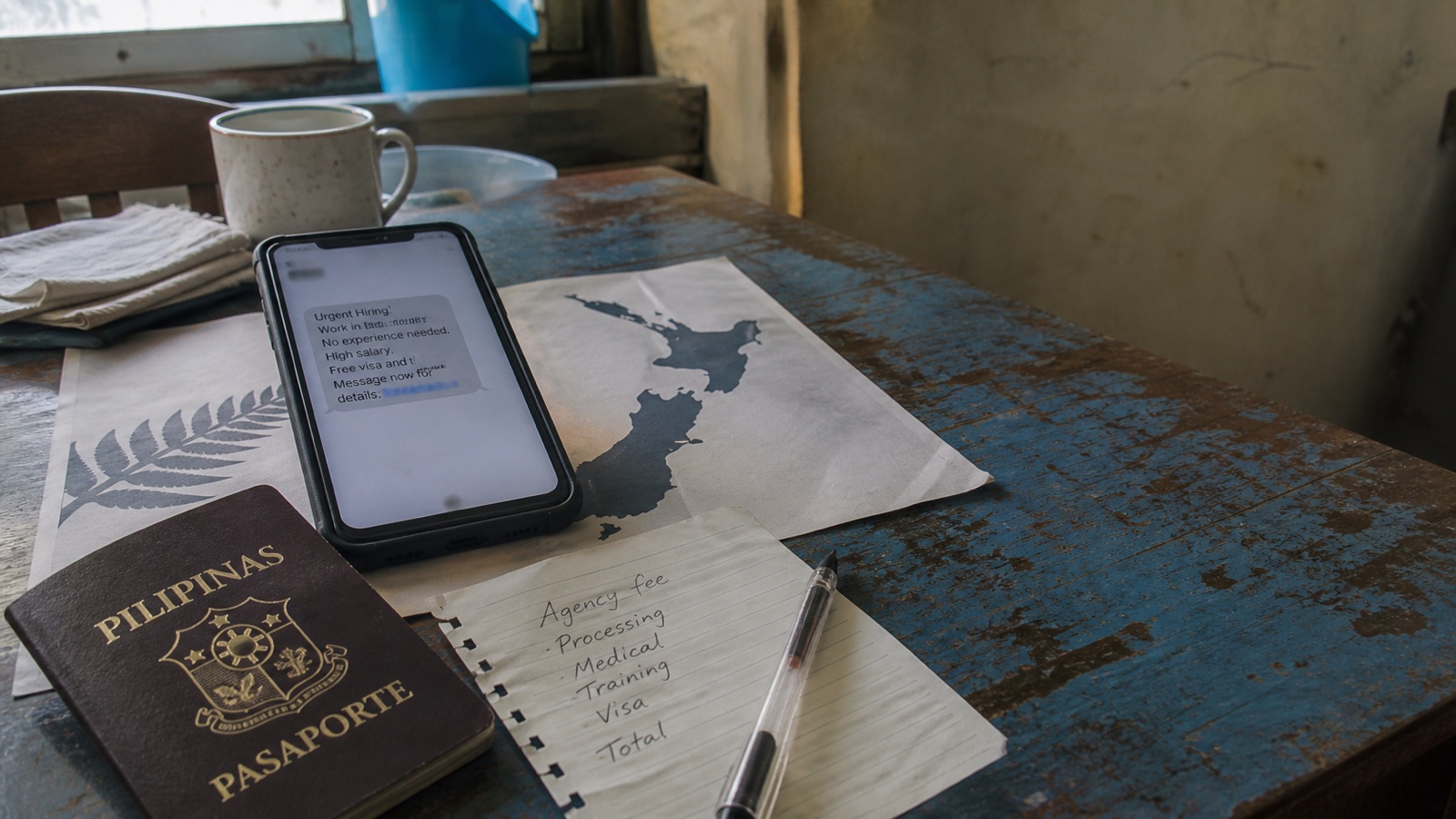 A Philippine passport, mobile phone displaying a suspicious overseas job offer, and a handwritten fee note on a worn household table beside a map of New Zealand