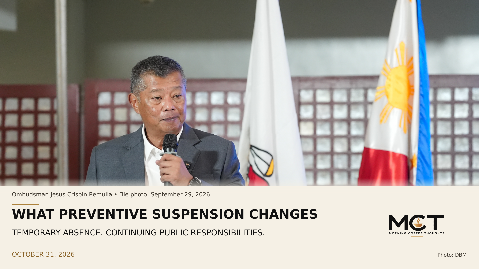 File photo, September 29, 2026: Ombudsman Jesus Crispin Remulla speaks at a data-sharing agreement event. This is not a suspension-order announcement.