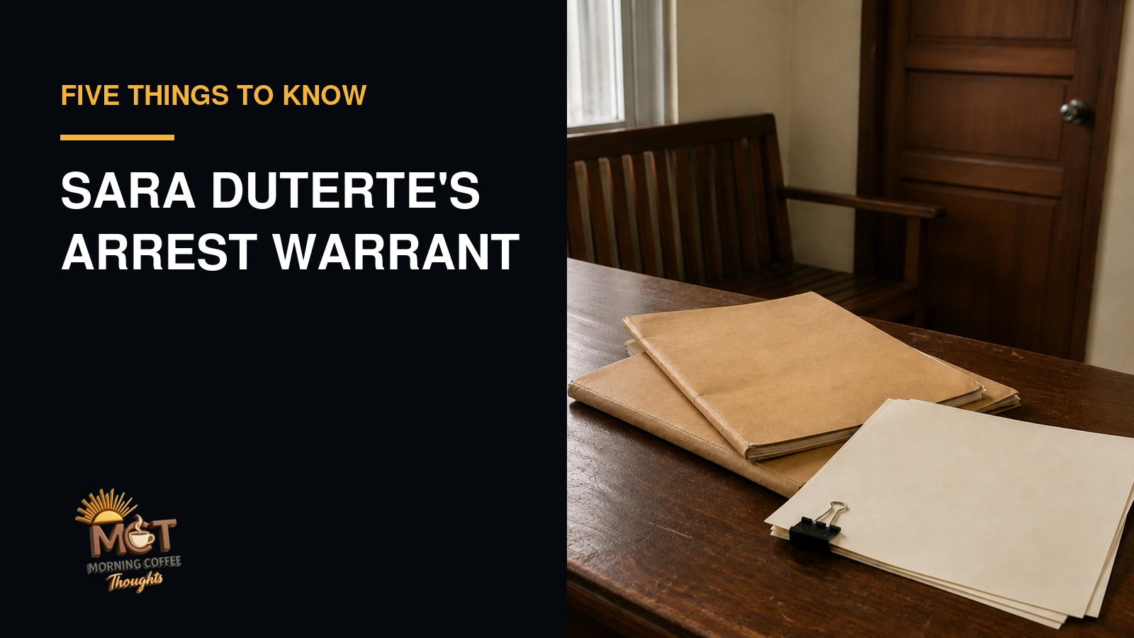 Conceptual illustration of unmarked folders and blank sheets on a wooden desk in a legal office. It does not show the actual warrant or court records.