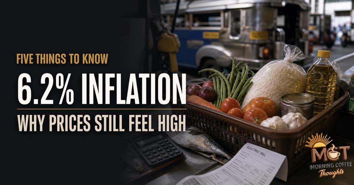 A Filipino market basket, jeepney and electricity bill illustrating why prices still feel high at 6.2 percent inflation.