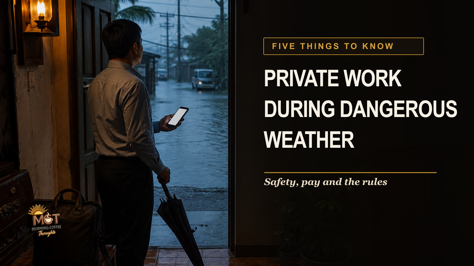 MCT explainer cover showing a Filipino worker deciding whether to travel through dangerous monsoon rain