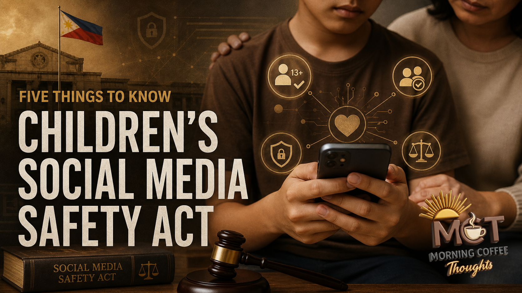MCT cover for the proposed Children's Social Media Safety Act, showing a Filipino teenager using a smartphone with a parent nearby