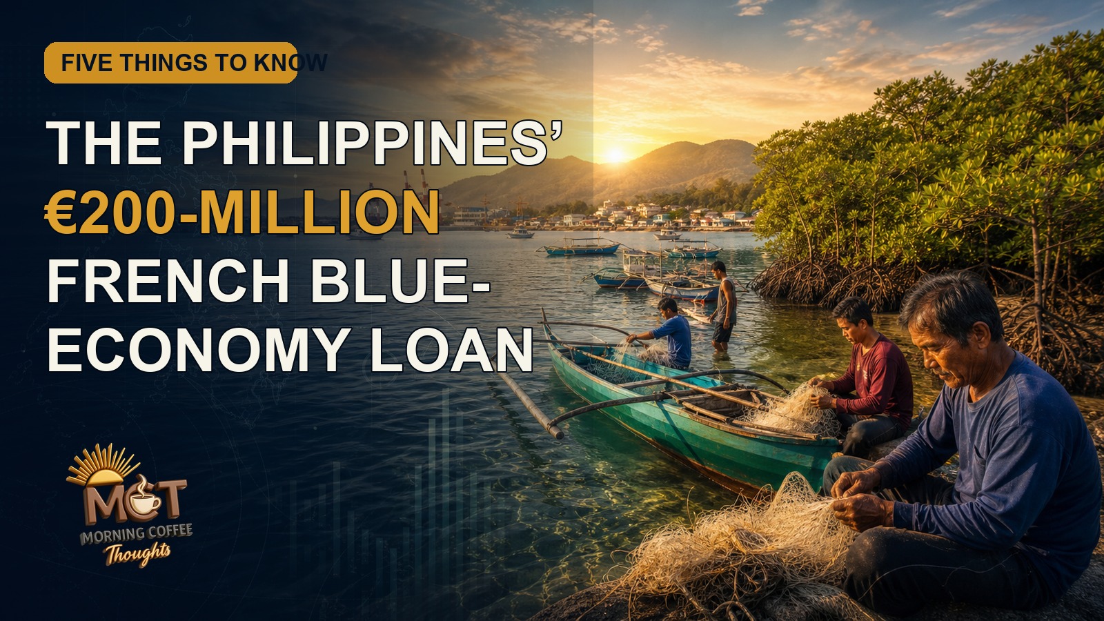 MCT cover showing Filipino fisherfolk, mangroves, coastal waters, and a headline about the French blue-economy loan