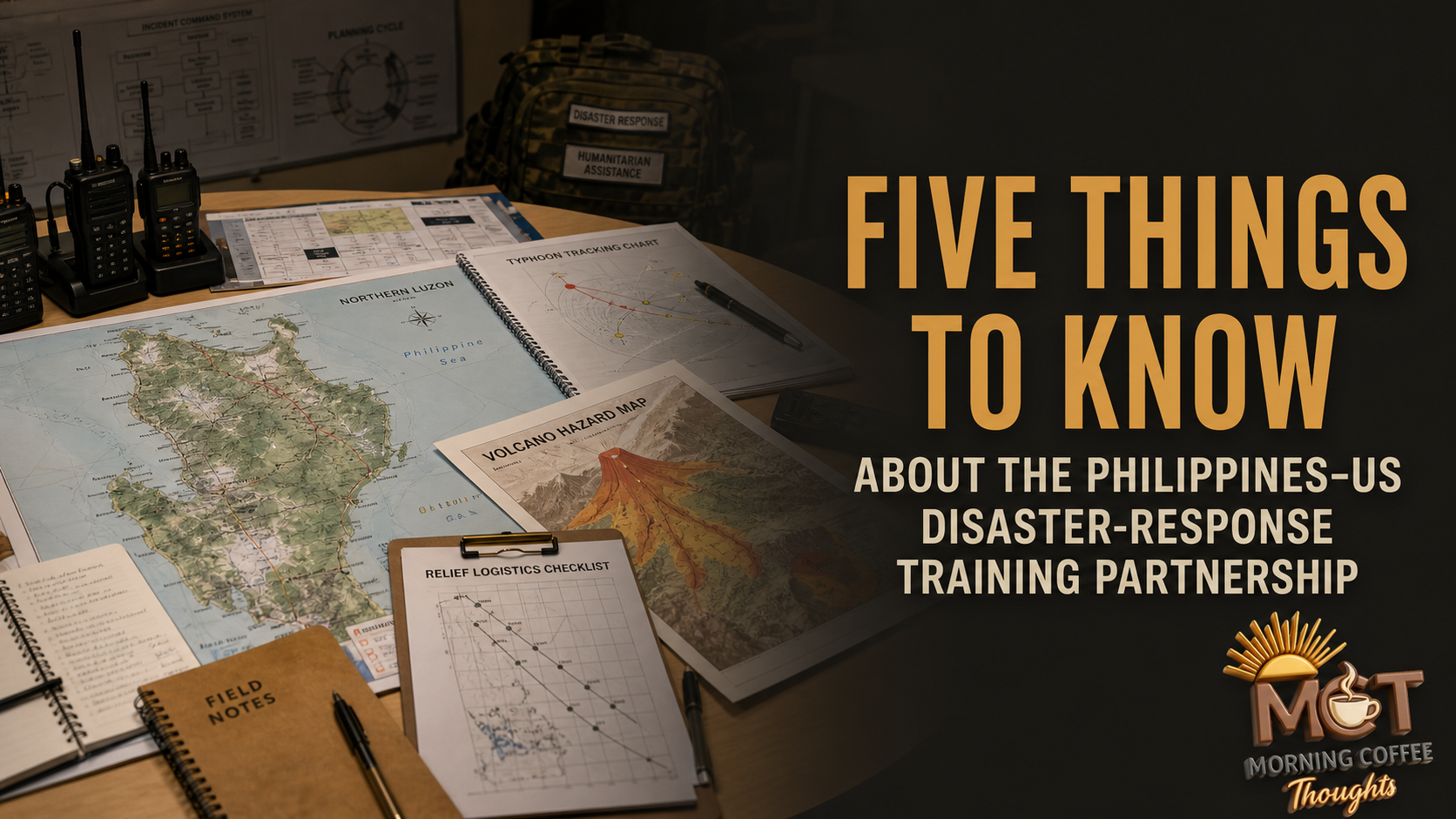 MCT explainer cover showing a disaster-response planning table with Northern Luzon maps, radios and relief logistics notes
