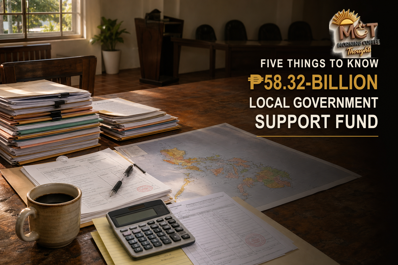 MCT cover showing public documents, a Philippine map, a calculator and coffee on a municipal conference table