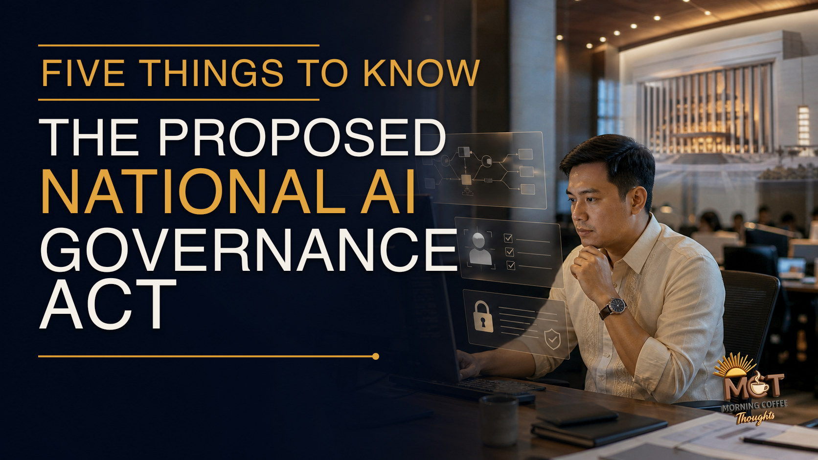 MCT cover for the proposed National AI Governance Act, showing a Filipino worker reviewing an automated system