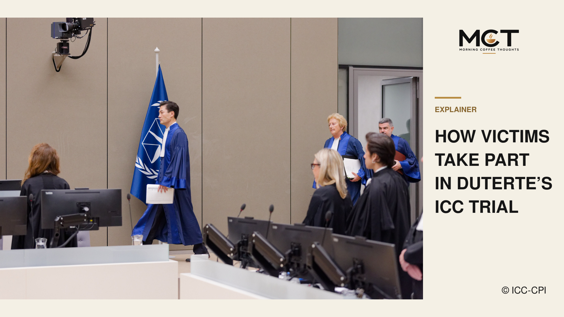 Duterte case fourth status conference, October 13, 2026: Trial Chamber III judges enter the courtroom. © ICC-CPI. This courtroom file photograph does not depict applicants or a victim-admission hearing.