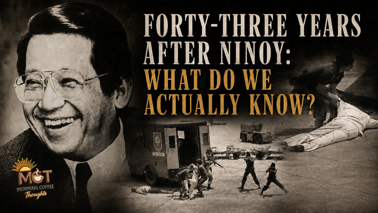 An archival collage of Benigno Aquino Jr. and the Manila airport tarmac after his 1983 assassination, with the article title and the official Morning Coffee Thoughts logo.