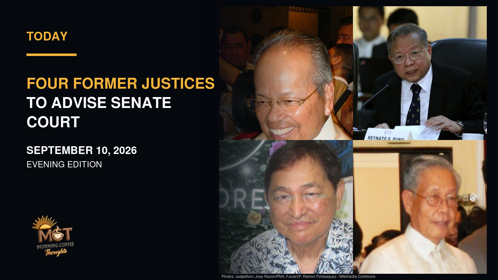 A four-photo grid of retired Supreme Court justices Artemio Panganiban, Reynato Puno, Adolfo Azcuna, and Hilario Davide Jr.