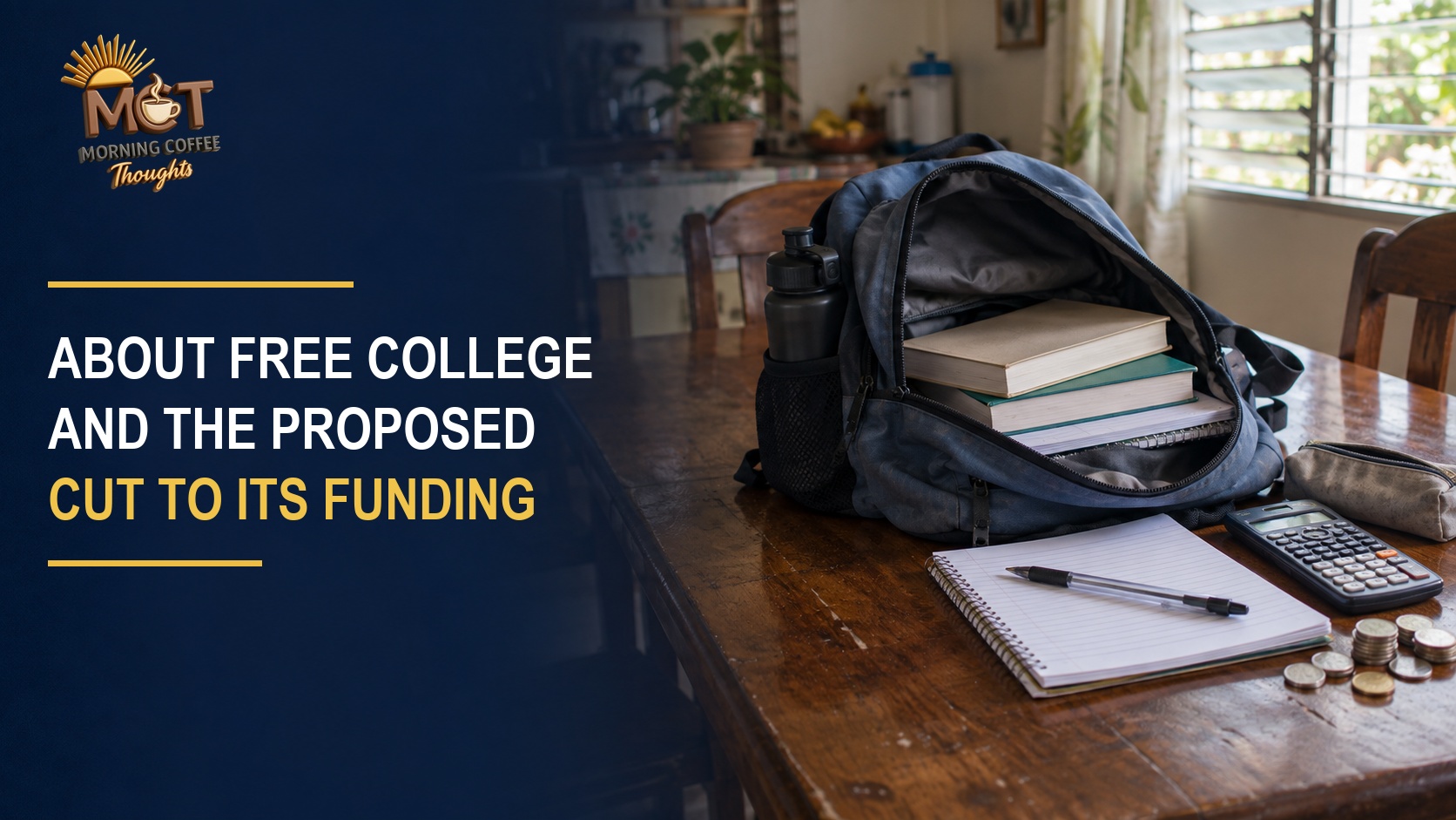 A college bag, books and study supplies on a household table, representing costs beyond tuition.