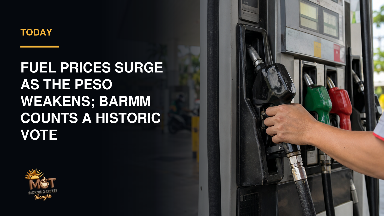 A motorist holds a fuel nozzle at a Philippine gas station.