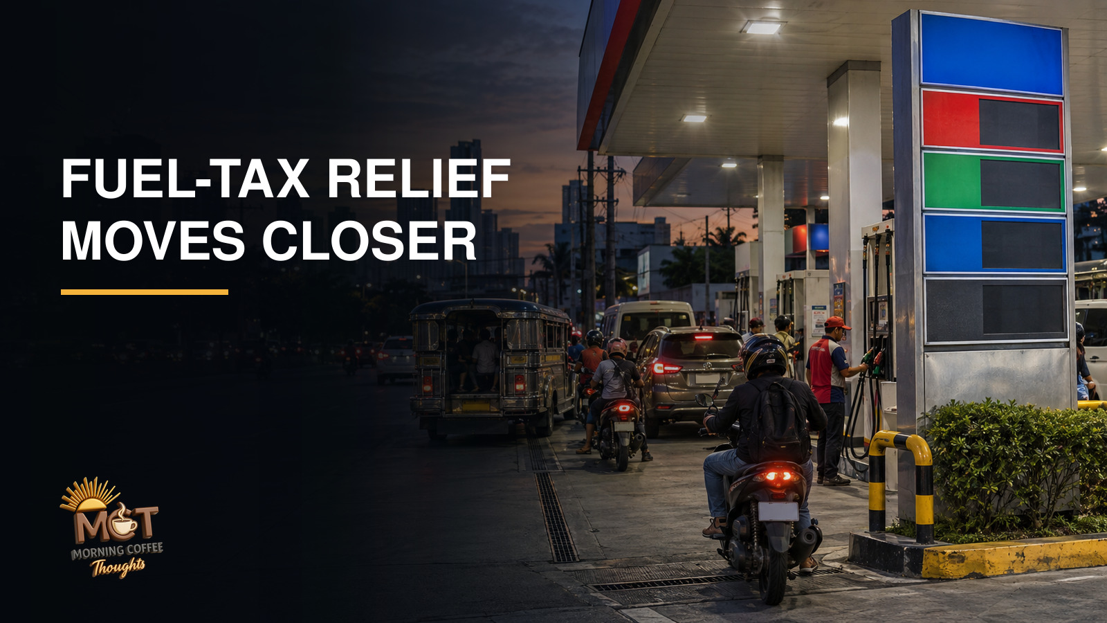 Motorists queue at a Philippine gasoline station at dusk beside a fuel-price board.