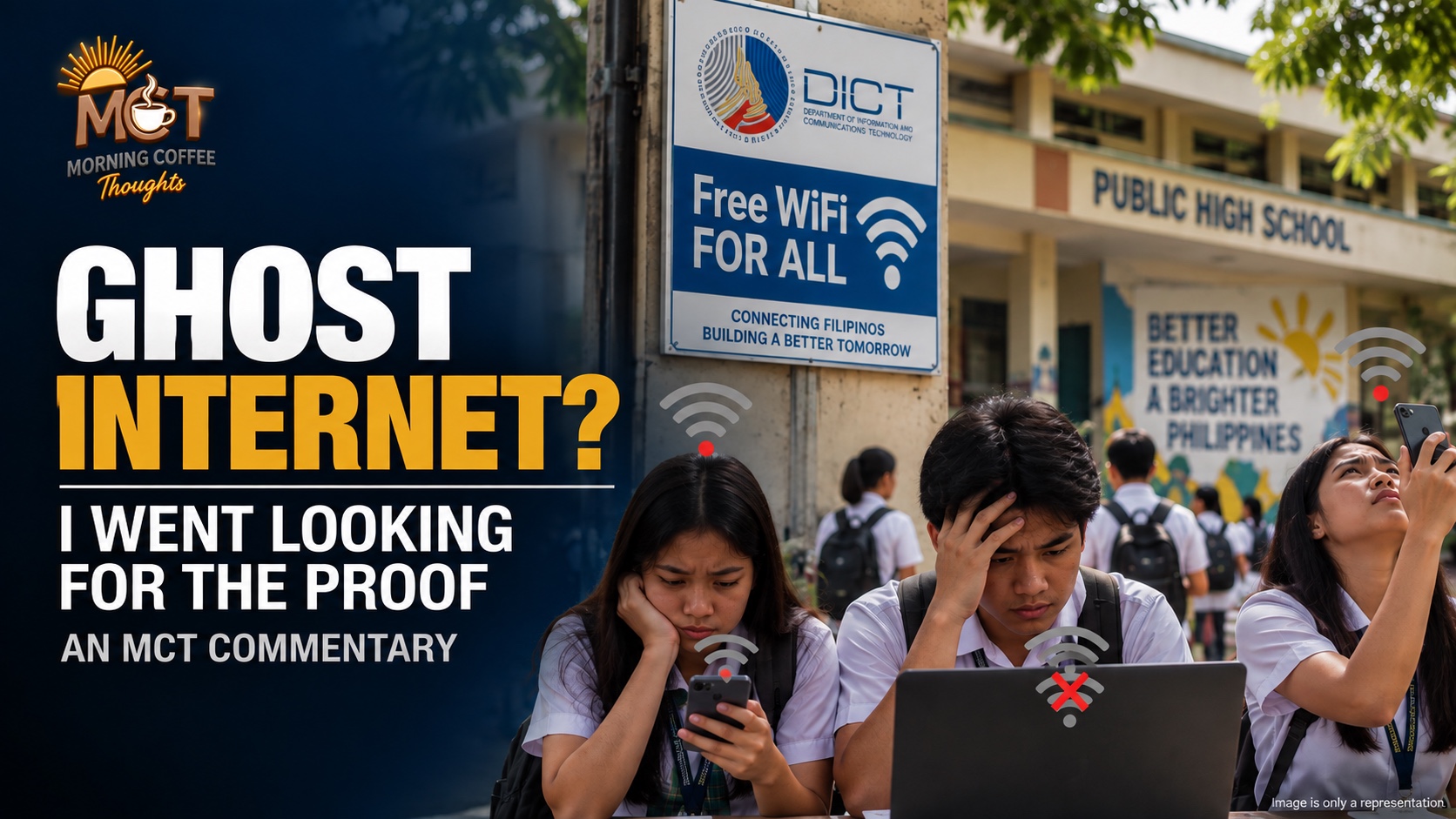 Illustrated MCT cover showing students seeking an internet signal at school, with the headline GHOST INTERNET? I WENT LOOKING FOR THE PROOF. The scene is representational.