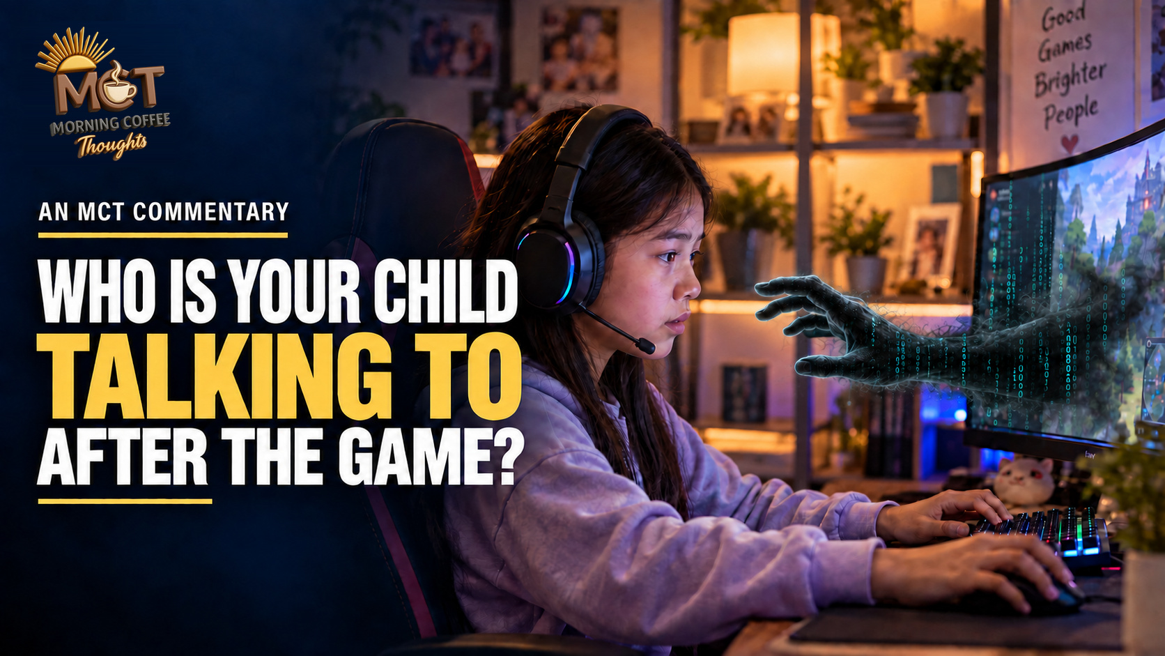 A girl plays at a computer alone as a dark digital hand reaches from the screen. Symbolic AI-generated illustration about online grooming.