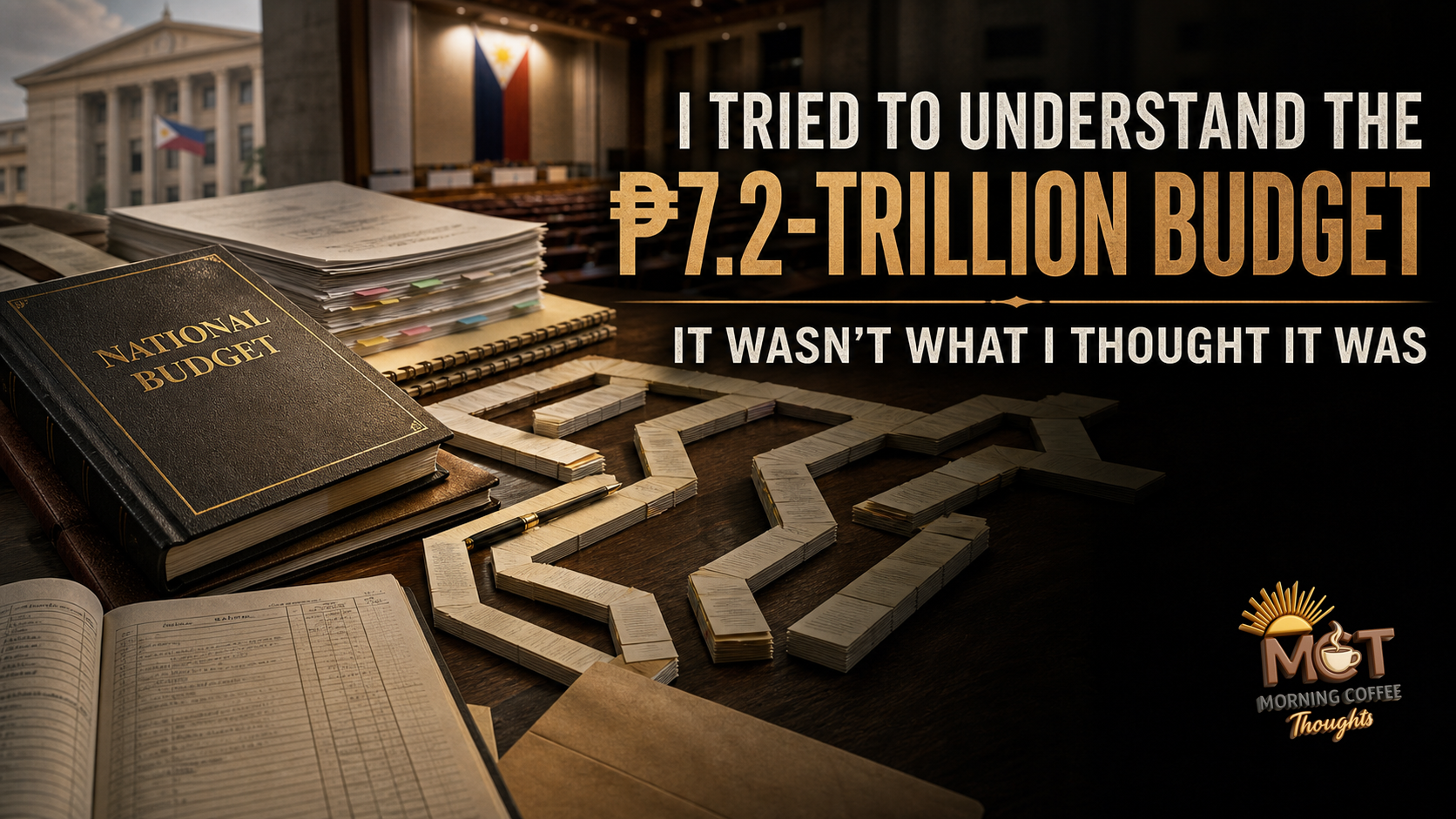 MCT Commentary cover showing a national budget book, government documents arranged as a maze, and the title “I Tried to Understand the ₱7.2-Trillion Budget. It Wasn’t What I Thought It Was.”