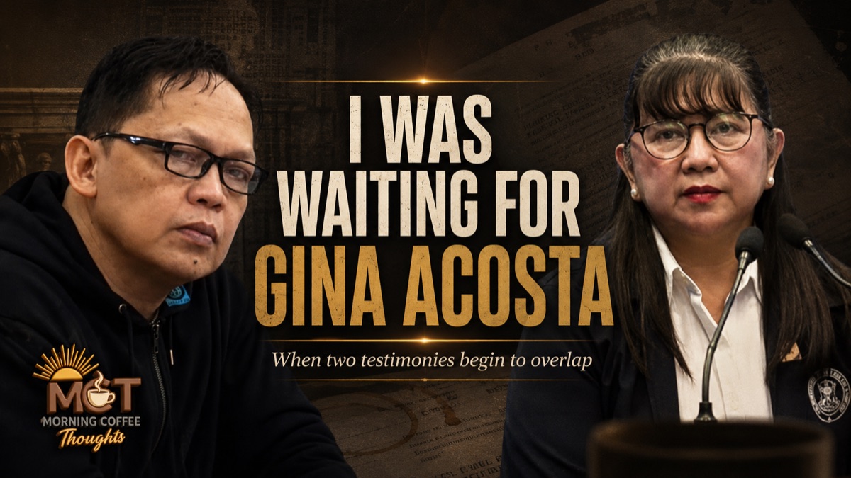 Ramil Madriaga and Gina Acosta beside the headline “I Was Waiting for Gina Acosta,” with the official Morning Coffee Thoughts logo.