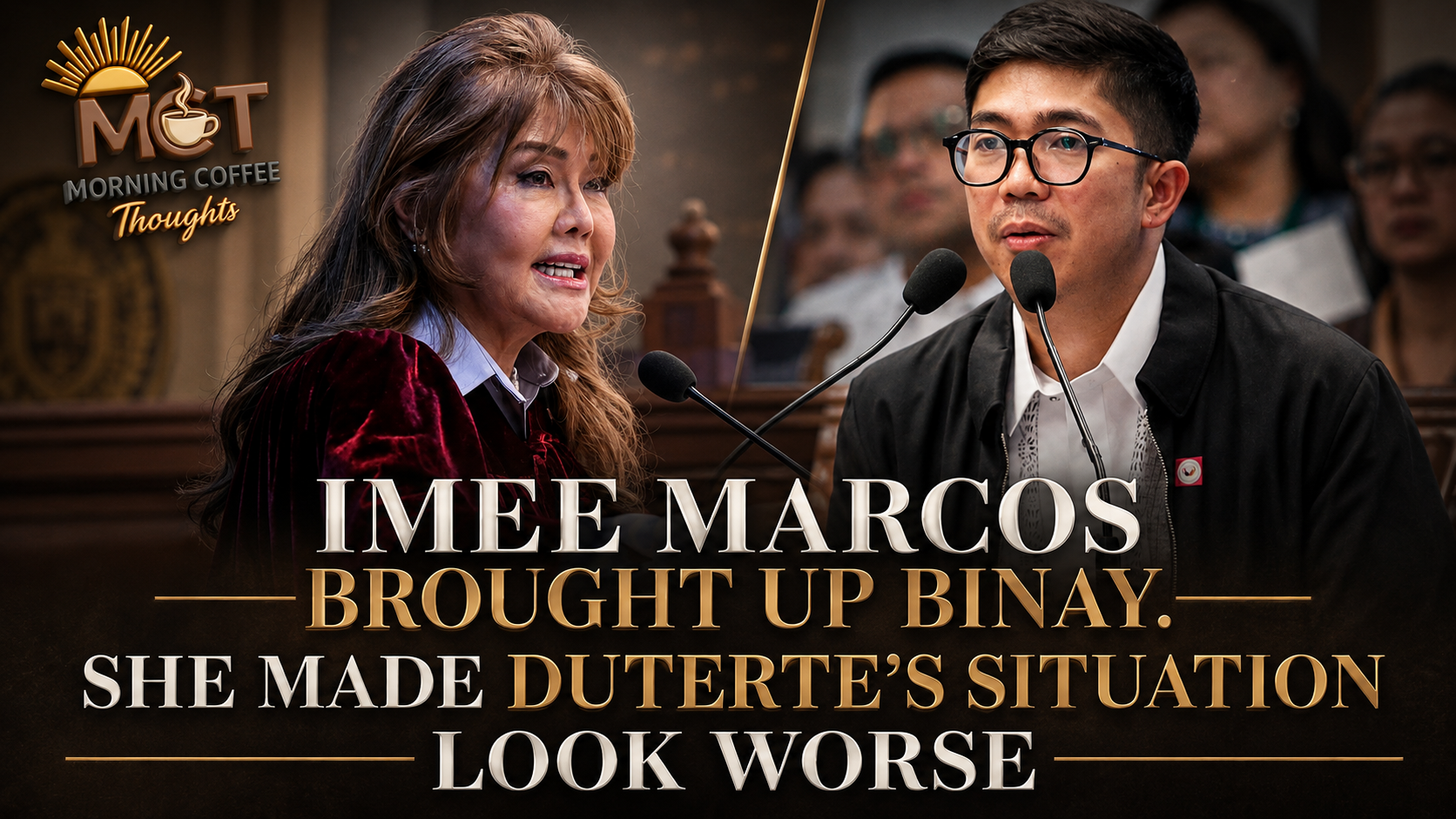 Senator Imee Marcos and former COA auditor Roderick Wamil at an impeachment hearing, with the title “Imee Marcos brought up Binay. She made Duterte’s situation look worse.”