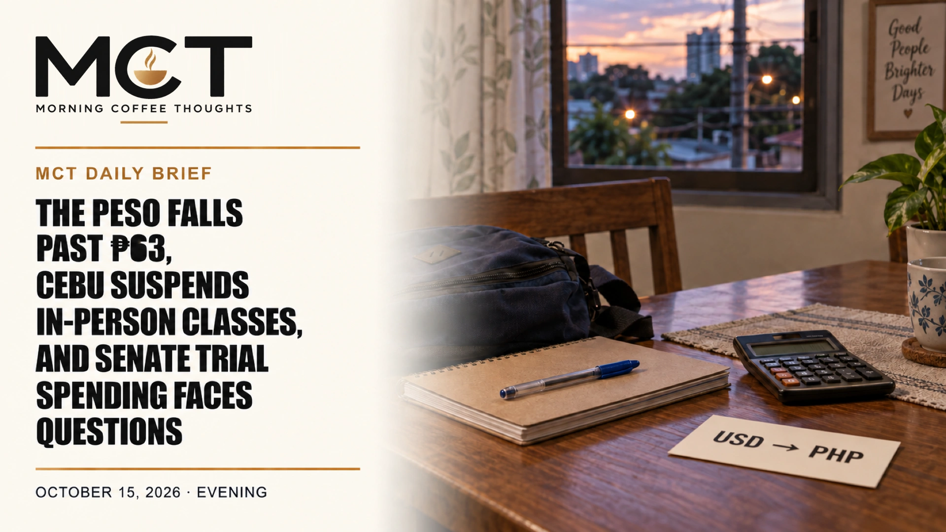 MCT Daily Brief cover with a schoolbag, notebook, calculator and a USD to PHP card on a household table at dusk.
