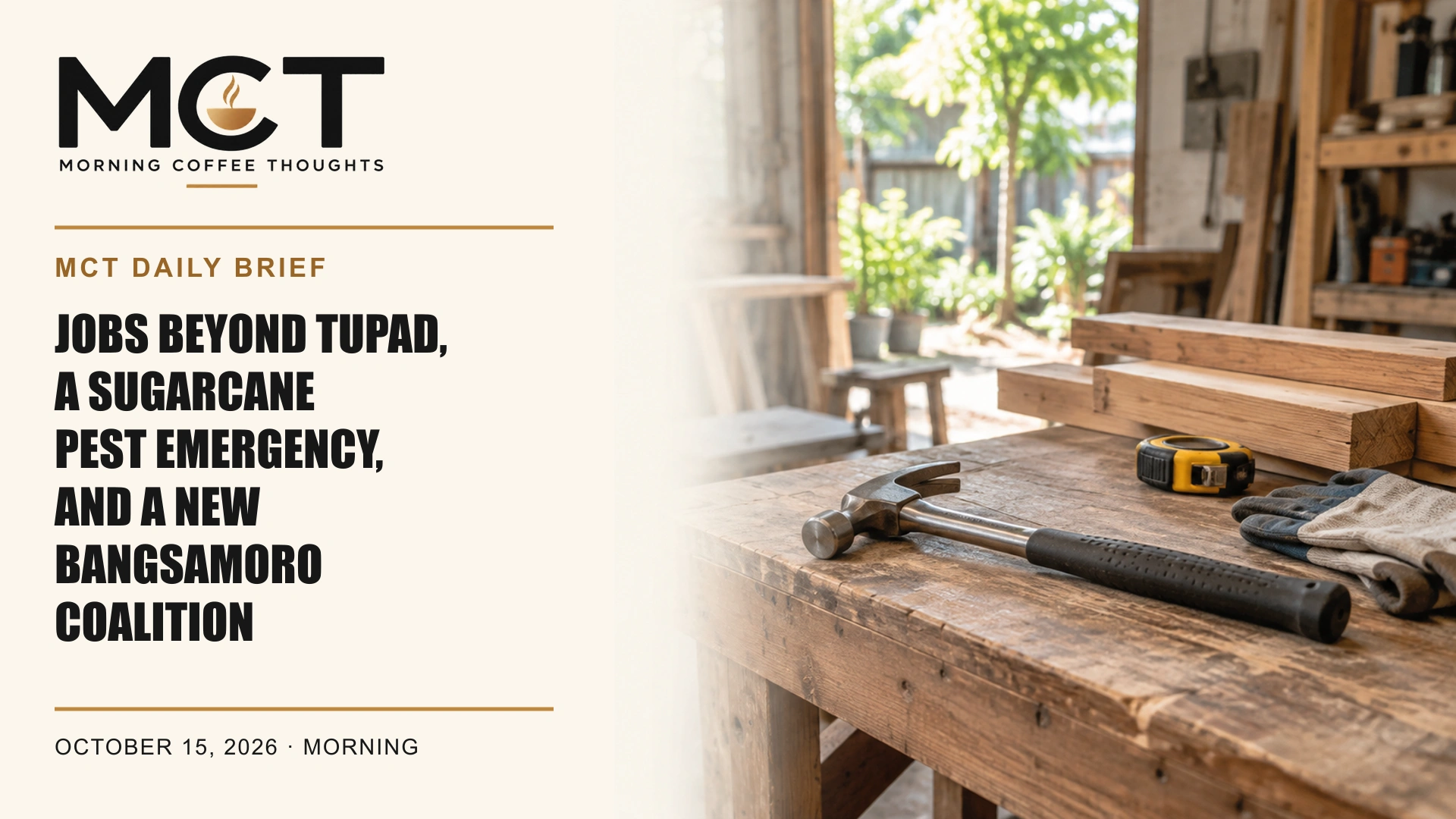 MCT Daily Brief cover showing tools and timber on a modest workshop bench.