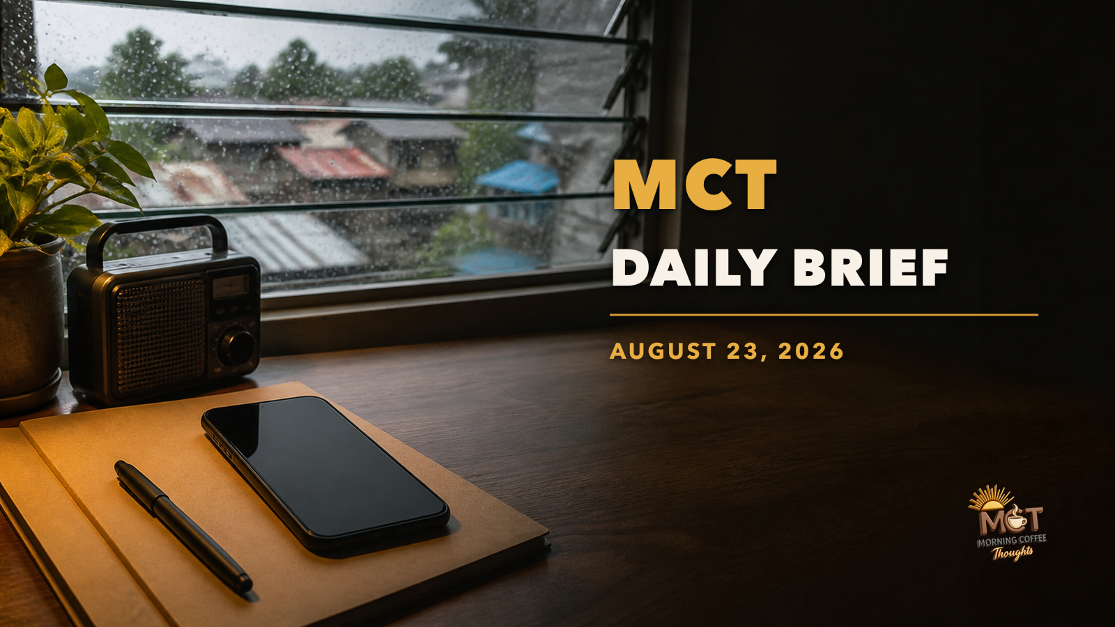 A blank phone, folder, pen and radio on a Filipino work table beside a rain-speckled jalousie window.